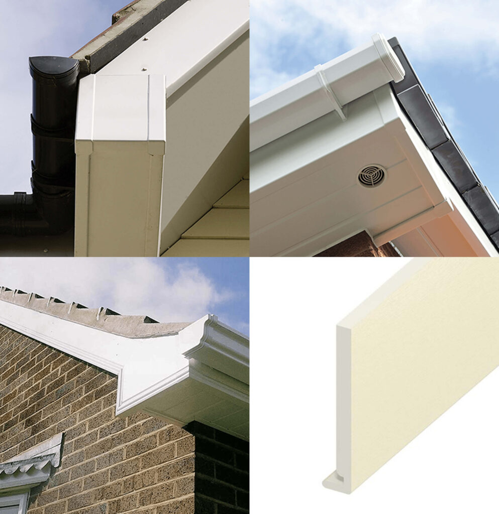 Collage showing different angles of white uPVC fascia boards installed on house eaves, with a separate image of an isolated fascia board panel—ideal for those looking to repair fascia and soffit on their homes.