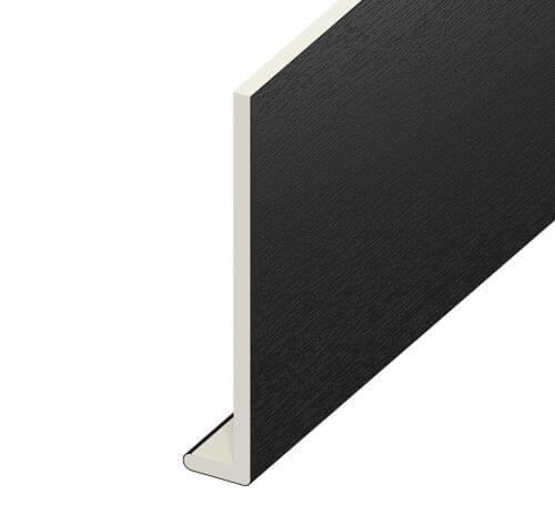 L-shaped metal profile with a black textured finish, ideal to repair fascia and soffit, shown standing on its edge against a white background.