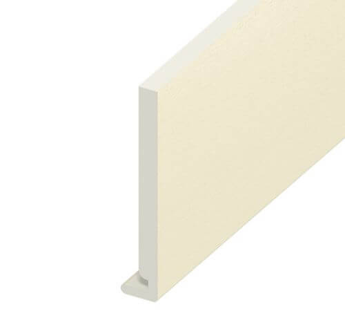 A beige rectangular baseboard with a flat profile and a small bottom lip, pictured against a white background—ideal for projects where you repair fascia and soffit for a clean, finished look.
