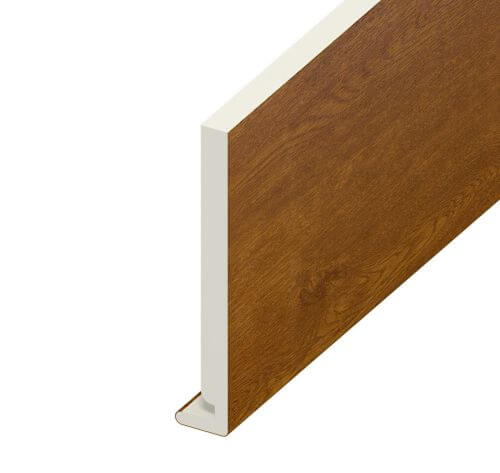 A cross-section of a rectangular brown wooden or wood-patterned panel with a white core and an L-shaped metal base, often used to repair fascia and soffit in exterior construction.