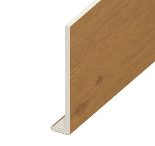 A wooden L-shaped panel with one white edge, often used to repair fascia and soffit, shown standing upright against a plain white background.