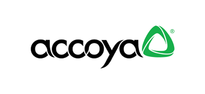 Accoya logo featuring the brand name in black lowercase letters and a green triangular swirl symbol on a white background, ideal for projects to repair fascia and soffit.